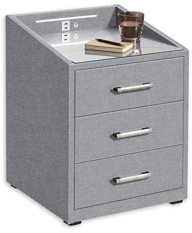 Stella Trading Moon Nachttisch Boxspringbett, Colet Grau - Funktionaler Nachtschrank mit USB-Anschluss und LED-Beleuchtung - 47 x 61 x 46 cm (B/H/T)