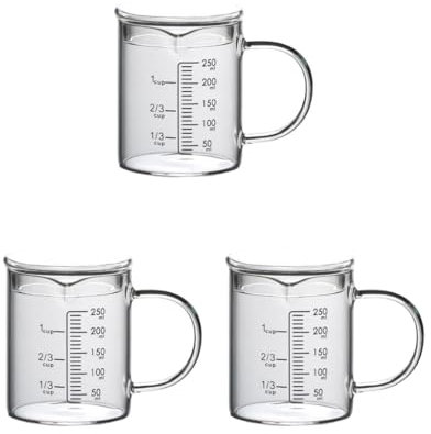 Juego de 3 tazas medidoras de vidrio con tapa con asa multifunción para cocina 250 ml