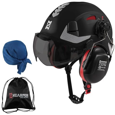 HEARMOR Casco di sicurezza certificato ANSI Z89.1 & EN397 con protezione per le orecchie, kit casco da lavoro leggero ventilato, sistema di sospensione a 6 punti, ideale per i professionisti