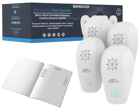 BENGUOO Ultrason Souris et Rats 4 unités, Répulsif Souris à Ultrasons Puissant Portable, Repulsif Moustique Intérieur Prise Anti Rat Rongeur Efficace Contre Insecte Nuisible pour Maison Bureau