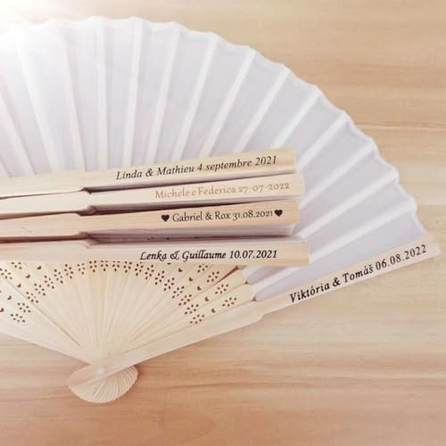 mxn Personalized Wedding Handheld Folding Fans Engraved White Imitated Silk Fan Personalized Wedding Favors for Guests Fans,Custom Name & Date Bulk Fabric Hand Fans Bridal Shower (20pcs)