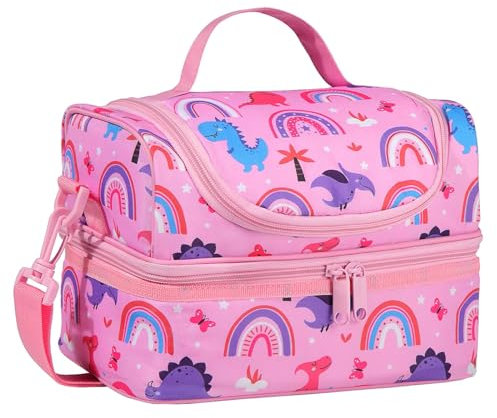 Kasgo Lunch Bag for Kids, Cute Insulated Lunch Box Bag for Boys and Girls Dual Compartments Cooler Bag with Detachable Adjustable Shoulder Strap, Pink Dinosaurs