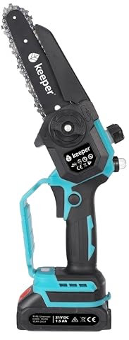 KEEPER Mini Motosierra Eléctrica de Mano KP. Espada 15cm. Batería Ion-Litio 18V. 300W. Ligera y Portátil. Engrasadora Automática. Moto Sierra Eléctrica Pequeña. Cargador Rápido