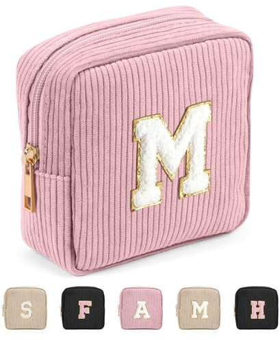 Personalisierte Letter Kleine Make up Tasche MAGEFY Cord Kosmetiktasche Mini Schminktasche für Frauen Reise Makeup Tasche for Gift, Rosa-M