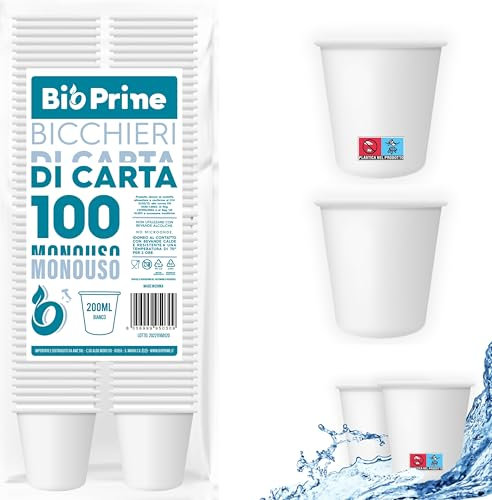 Bio Prime – 100 verres à eau en papier 200 ml – verres 200 ml biodégradables – pour boissons chaudes, eau et boissons – verres jetables.