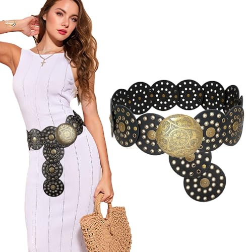 TOFBS Gürtel für Damen Vintage Mode Runde Scheibe Hakenverschluss Ledergürtel Western Cowgirl Breiter Elastischer Verstellbare Taillengürtel Durchbrochener Metal Schnalle Belt(Gold)