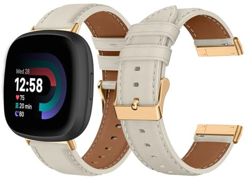 LanQii Lederarmband - Kompatibel mit Fitbit Versa 4/Versa 3/Sense 2/Sense, Damen und Herren Leder Uhrenarmband Ersatzarmbänder in Weiß