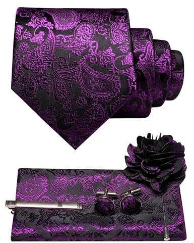 JEMYGINS Herren Paisley Krawatte mit Einstecktuch Krawattenklammer Blumenbrosche und Manschettenknöpfen Set Lila