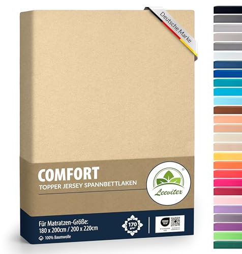 leevitex® Premium Topper Spannbettlaken 180x200–200x220 cm | 18 cm Steghöhe – für Topper & Boxspringbett | 100% Mako-Jersey-Baumwolle | ÖKO-TEX Zertifiziert | 170 g/m² | Düne/Sand