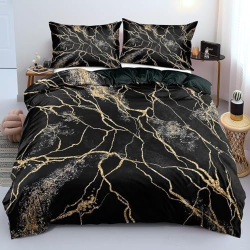 Luowei Marmor Bettwäsche 135x200cm 3D Golden Schwarz Muster Bettwäsche Set Microfaser Luxus Modern Bettbezug und 1 Kissenbezüge 80×80cm mit Reißverschluss