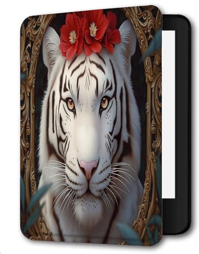 Case For 6 Amazon Paperwhite 10th Generation (Model No.PQ94WIF) 2018 Released PU Leather Case Paperwhite smart Sleep/Wake Paperwhite Cover-Red Flowers White Tiger Animal