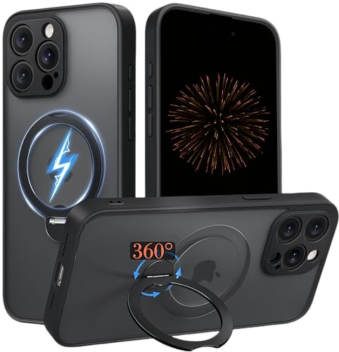 Designed for iPhone 16 Pro Max mit 360° drehbarer Magnetring-Ständer-Hülle Militärschutz Dünne transluzente matte Anti-Fingerprint Slim Cover 6.9 Schwarz