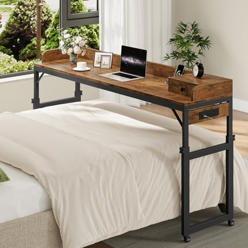 HOOBRO Overbed Table with Wheels, 180 cm Mobile Over Bed Desk with Charging Station, Height Adjustable 84-109 cm, for Bedroom, Living Room, Office, Rustic Brown and Black EBF180KDN01