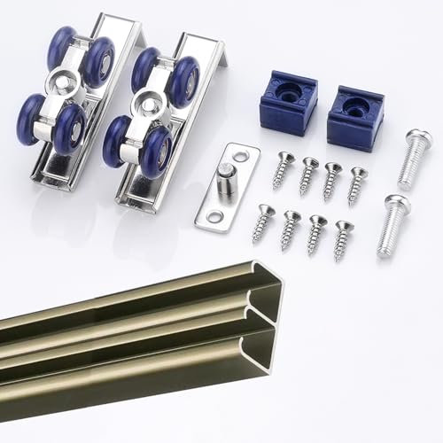 Juego de rieles de aluminio para puerta de granero con tapón de rodillos suaves y tornillos, 50 cm, para puertas correderas de armario domésticas y comerciales (acabado champán)