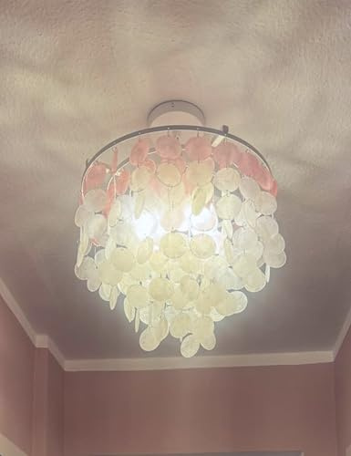 bomiel Boho Capiz Muschel Kronleuchter Ø40 cm, Rosa-Weiße Pendelleuchte mit handpolierten Muschelketten, Höhenverstellbare Hängelampe mit 4x E14 für Schlafzimmer, Essbereich, Café (ohne Leuchtmittel)