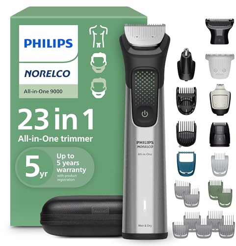 Norelco Philips All-in-One 9000 Series 23-Piece Trimmer - Electric Shaver and Clipper for Face, Beard, Head & Body, Self-Sharpening Full Metal Blades, 29 Length Settings (0.5-16 mm), MG9575/49