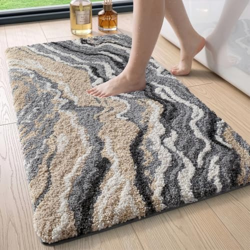 DEXI Tappeto Bagno Antiscivolo 60 x 110 cm, Beige Grigio | Super Assorbente, Microfibra Morbido, Lavabile in Lavatrice, Design Moderni per Bagno, Cucina o Lavandino,
