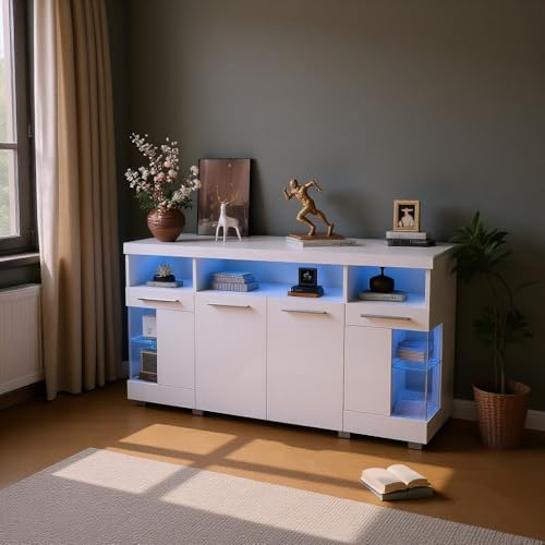 kozamas LED Sideboard Wohnzimmer, Hochglanz Kommode mit Glas Türen und 3 Schubladen, Moderner Beistelltisch Aufbewahrungsschrank Weiß 140x40x70 cm