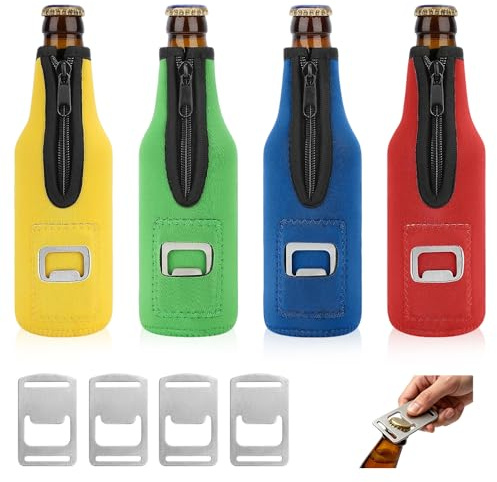 4 Stück 330ml 12oz Bier Flaschenkühler, Bierflasche Ärmel mit Flaschenöffner Isoliertem Neopren Bierkorkenzieher Getränkekühler Rutschfest mit Reißverschluss Weinkühler Dicke Wiederverwendbar