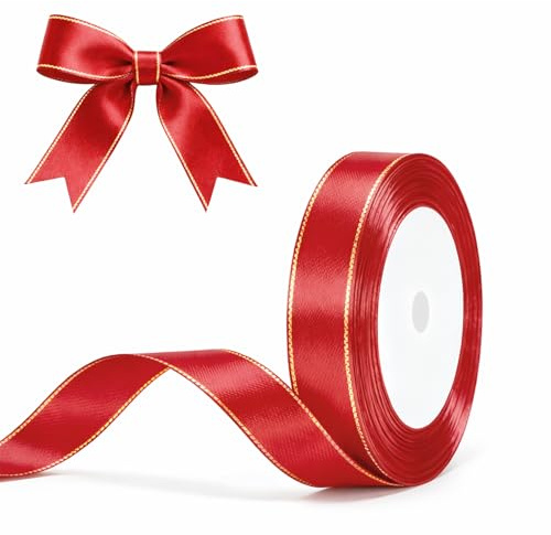 G2PLUS Rot Gold Satinband 20mm: Dekoration Geschenkband, 22m Schleifenband zum Bastel, Dekoband für Geschenkverpackung, Dekoration