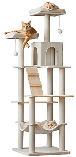 Quuzee Modern Cat Tree, 178cm Wooden Large Cat Tower for Indoor Cats, Multi-Level Tall Cat Condo with Scratching Posts, Padded Perches, Hammock, Dangling Toys, Beige