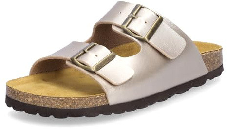 Mids MOMO Damen Pantolette aus Velourleder – Zweiriemer, Weichfußbett aus Rauleder, Korkrahmen, verstellbare Schnallen, leichte Eva-Sohle – Made in Spain