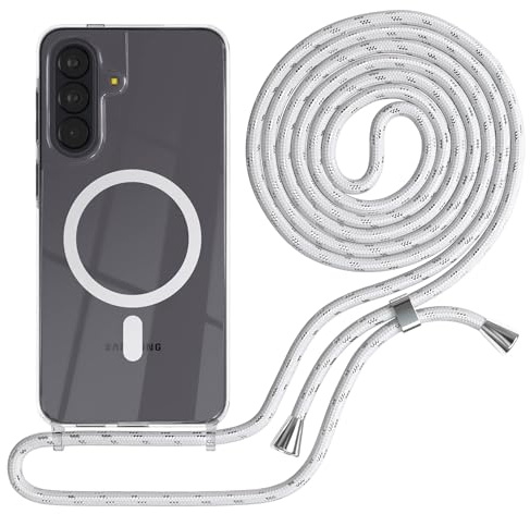 EAZY CASE - Handykette kompatibel mit Galaxy A57 Kette zum Umhängen Stoßfest Handyhülle für Galaxy A57 Silikon Hülle mit Band Handytasche Transparent als Fallschutz in Weiß/Silber