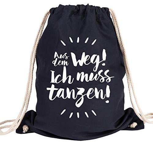 JUNIWORDS Turnbeutel - Wähle ein Motiv & Farbe - Aus dem Weg! Ich muss tanzen! (Beutel: Marine Blau, Text: Weiß)