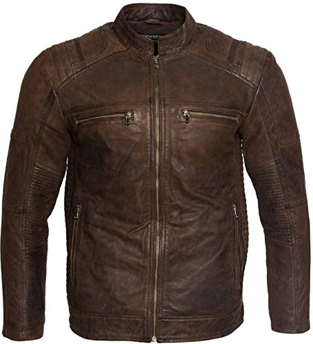 Men’s Casual Brown Tan Buff Leather Cafe Racer Biker Jacket