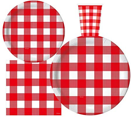 Oojami Red Gingham Party Pack for 30 - Includes Checkered Dinner & Dessert Plates, Cups, Napkins - Ideal for Picnics, BBQs, Barnyard Parties Red and White Checkered