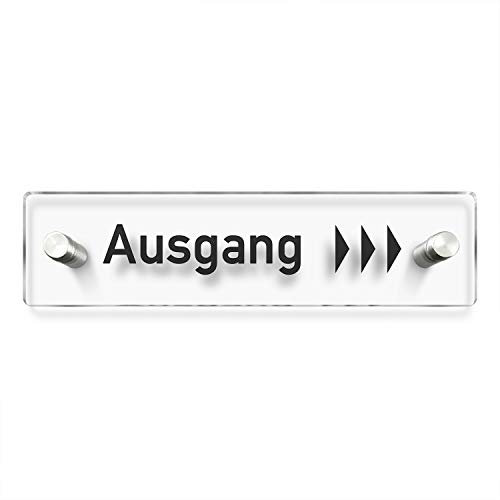 Türschilder24 Wandschild/Türschild • Ausgang rechts 001 • 200 x 50mm. Schild besteht aus hochtransparentem 3mm Acrylglas. Inkl. 2 x Abstandshalter aus V2A Edelstahl
