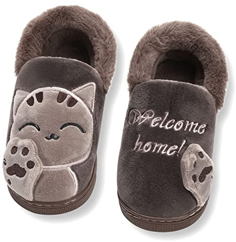 Pantofole da Casa Uomo Inverno Peluche Ciabatte Interne Morbido Antiscivolo Caldo Cotone Scarpe Suola di Confortevole Home Slippers, caffè Gatto, 42/43 EU