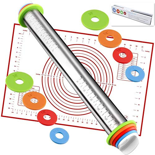 DAMUZHI Kit combinato di mattarello e tappetino da pasticceria in silicone, mattarello regolabile con anelli di spessore, tappetino antiaderente per cottura, fondente, pizza, torta, pasticceria,
