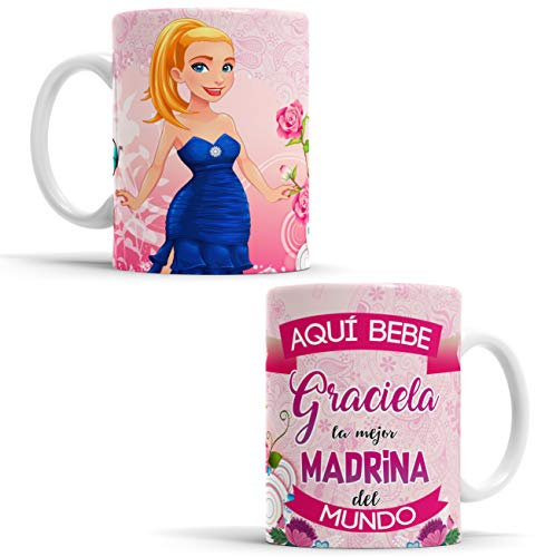 OyC Original y Creativo Taza Madrina - Aquí Bebe la Mejor del Mundo/Super Madrina - Con Frase y Dibujo Personalizada Con Nombre