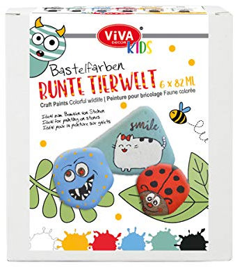 Viva Decor KIDS Bunte Tierwelt Bastelfarben für Kinder (Weiß, Gelb, Rot, Mittelblau, Türkis, Schwarz, 6 x 82 ml) Acryl Farben Set zum Steine bemalen für Kinder ungiftig - Made in Germany