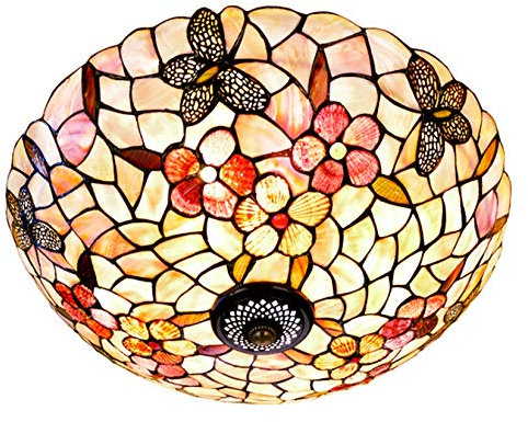 AIBOTY Tiffany Stil Deckenleuchten Vintage Kreativität Handgemachte Natürliche Muschel Schmetterling Blumen Schatten Schlafzimmer Unterputz-Deckenbeleuchtung,40cm