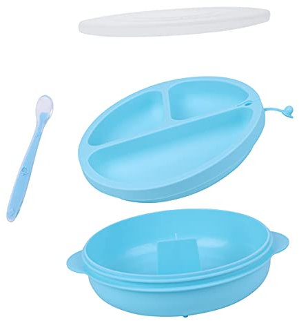 Bambini Tovaglietta in Silicone con Piatto Forte Ventosa Commestibile Piastra Antiscivolo per Neonato Bambino, FDA e BPA liberi Microonde-Blu