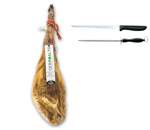 CERROALTO | Cebo Iberico-Schinken 50 % iberische Rasse | Gewicht von 7 bis 8 Kilo | + Kostenloses Messer und Spitzer