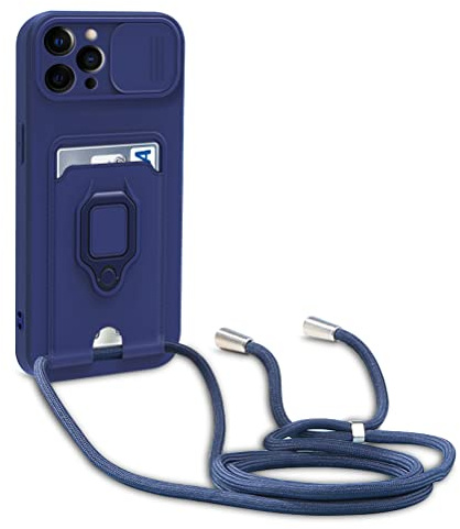 yanasuo Protección de Cámara Funda Compatible con iPhone 12 Pro MAX, con Anillo Soporte, Ajustable Collar Correa de Cuello Cordón Carcasa de Silicona-Azul