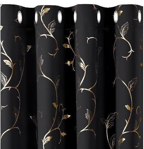 BUHUA Verdunklungsvorhänge mit Ösen, Blickdichte Vorhänge Kurz, Fenster Gardienen 2-Set Thermovorhang Verdunkelung für Schlafzimmer, H 137 x B 117 cm, Schwarz