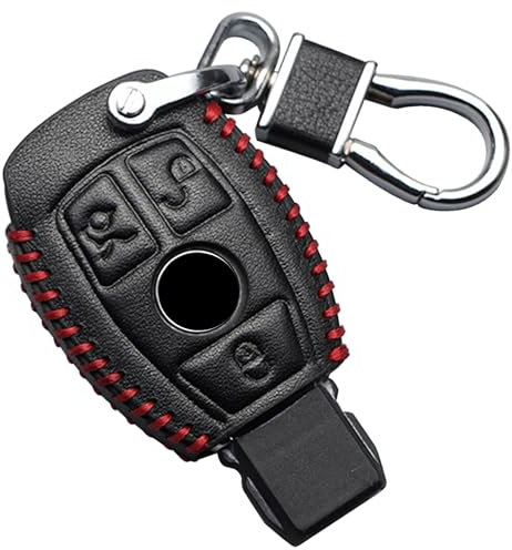 Coque de clé de voiture en cuir pour Mercedes Benz A B C E G K R S Class AMG CLA GLA VITO GLE ML GLK CLK Porte-clés accessoires coque de clé télécommande (coutures rouges, 3 boutons)