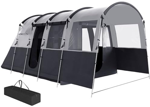 Outsunny 8-Person Camping Tent, 3000mm Waterproof Family Tent w/Bedroom, Living Room, Porch and Sewn-in Groundsheet, Tunnel Design, 4 Large Windows, Top Hook, Portable with Carry Bag, Dark Grey