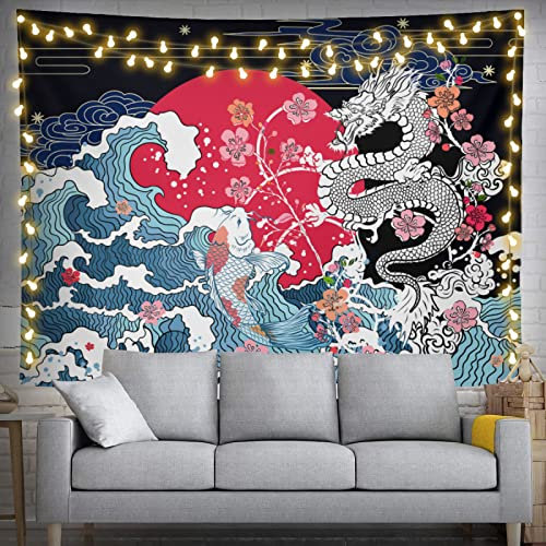 Japanischer Drachen-Wandteppich, japanisch, gewellt, 200 x 150 cm, Wandbehang, Party-Dekorationen, Heimdekoration für Schlafzimmer, Wohnzimmer, Schlafsaal (200 x 150 cm)