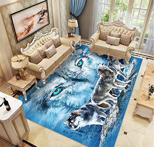 Flächenteppich 3D Wolf Sternenhimmel Blau Drucken Modern Flanell Teppich Wohnen Essen Schlafsaal Schlafzimmer Kindergarten Boden Spielmatte Innenbereich Outdoor Türverkleidung (Farbe 1,160x200 cm)