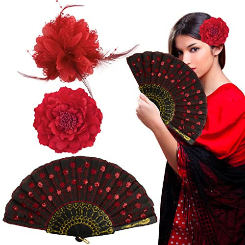 BOFUNX 2pcs Fiori per Capelli Donna + 1pc Ventaglio Nero Fermagli Fiori per Capelli Spilla Fiori Accessori Fiori per Flamenco Carnevale Sposa
