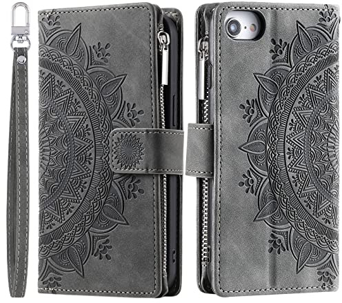 VEEMOS Wallet Case for iPhone SE 2022/2020, iPhone 7/8 Flower Flip Case Protective Leather Folio Book Phone Cover with Card Slots Kickstand Zipper Pocket - Grey