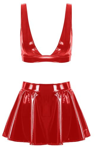 Agoky Damen Sexy Lack Leder BH und Minirock High Waist A-Linie Faltenrock Reizwäsche Disco Raver Tanz Kostüm Clubwear S-4XL Rot S