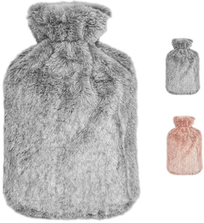 Bouillotte Eau Chaude 2L avec Housse Peluche Ultra douce pour Adulte & Enfant – Bouillotte à eau - Soulage Règles douleureuses, Maux de Ventre & Thérapie par la Chaleur, Gris