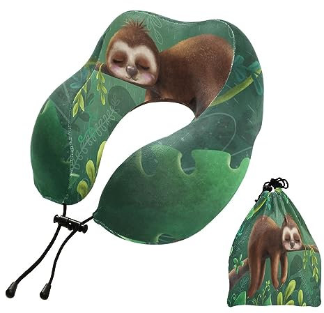 YOUJUNER Reisekissen Grüne Blätter Nette Faultier Memory Foam Nackenkissen Stützkissen Nackenkissen