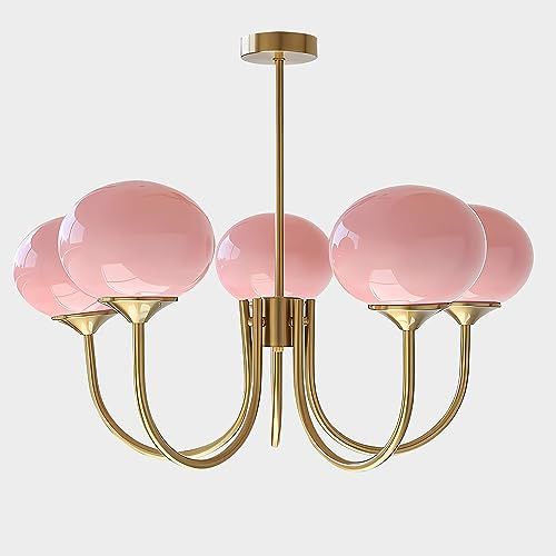 Flyrose Mid Century Sputnik Kronleuchter mit 5 Leuchten, moderne Sputnik Glaskugel, Pendelleuchte, Bauernhaus, Industrie, Gold, Hängeleuchte, minimalistisch, groß, rosa Glaskugel, Hängeleuchte